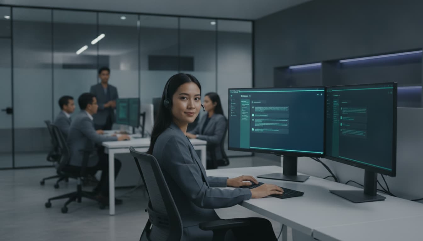 A customer service agent with a headset in front of two monitors