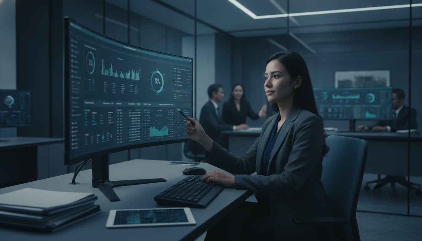 A professional reviewing financial data on a curved monitor