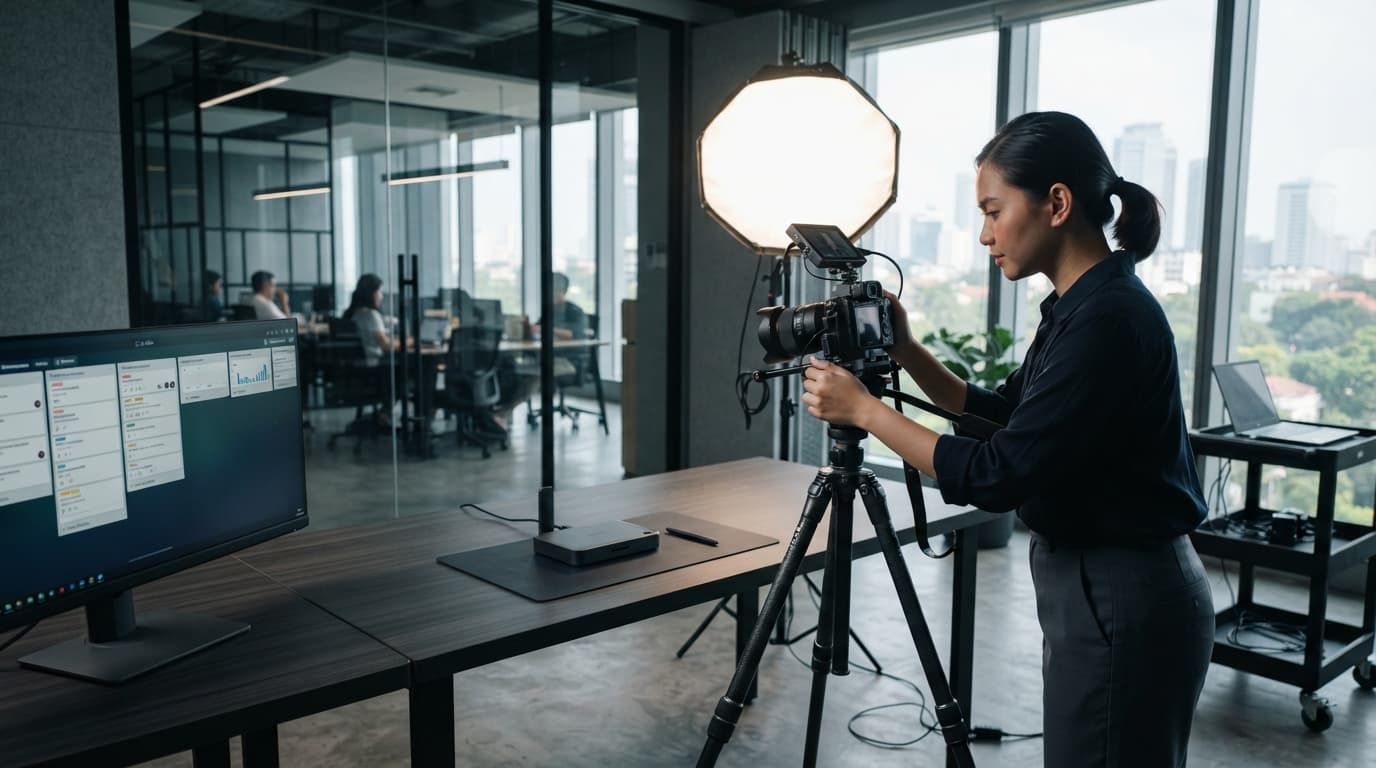 A content creator filming with a camera and studio light in an office