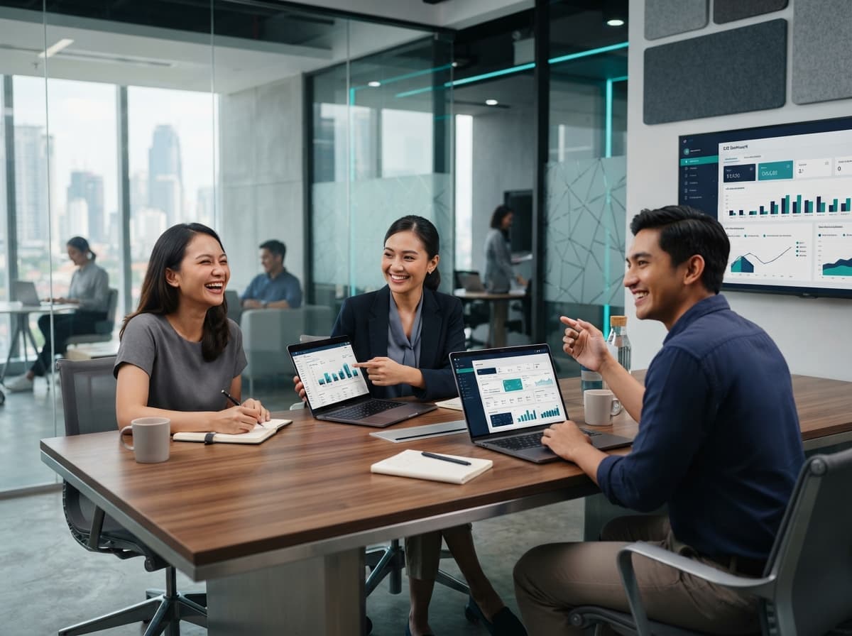 Tiga orang berdiskusi sambil melihat laptop di ruang kantor modern